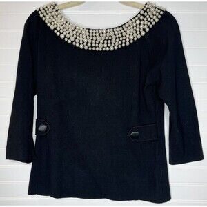 Caprice Womens Vtg Pearl Beaded Knit Top Scoop Neck 3/4 Sleeve Black Classy LG